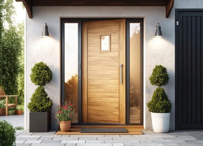 Porte extérieure sécurisée et design, résistante aux intempéries avec une finition élégante.